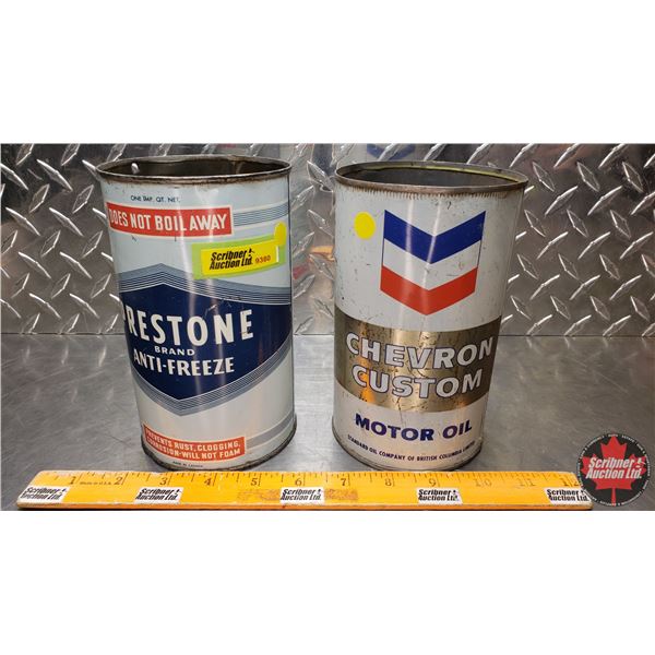 OIL TINS (2) : Prestone Anitfreeze & Chevron Motor Oil (6-1/2"H x 4"Dia) (SEE PICS!)
