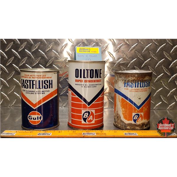 OIL TINS (3) : B/A Oiltone, B/A Fastflush & GULF Fastflush (All Full) ( 5-1/4"H Tallest) (SEE PICS!)