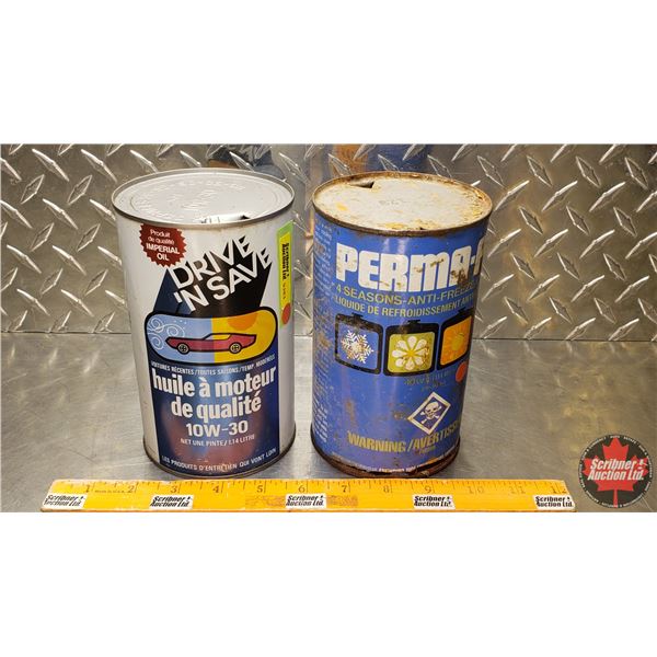 Collector Combo : Drive 'N Save Oil Tin & Perma-Fill Antifreeze Tin (6-1/2"H) (SEE PICS!)