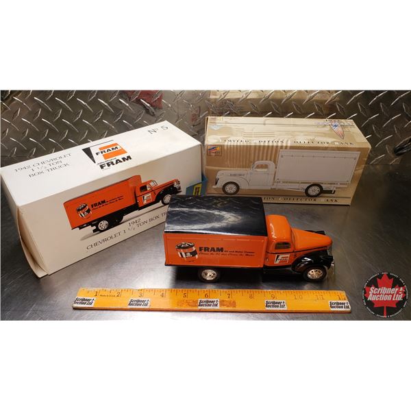 Truck Bank: "FRAM" 1942 Chevrolet 1-1/2 Ton  Die Cast Model Limited Edition (Box Measures : 4-1/4"H 
