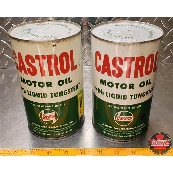 OIL TINS (2): Castrol Motor Oil (Full) (6-1/2"H x 4"Dia) (SEE PICS!)