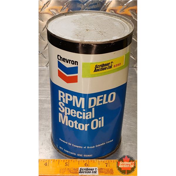 OIL TIN : Chevron RPM DELO Special Motor Oil (Full) (6-1/3"H x 4"Dia) (SEE PICS!)