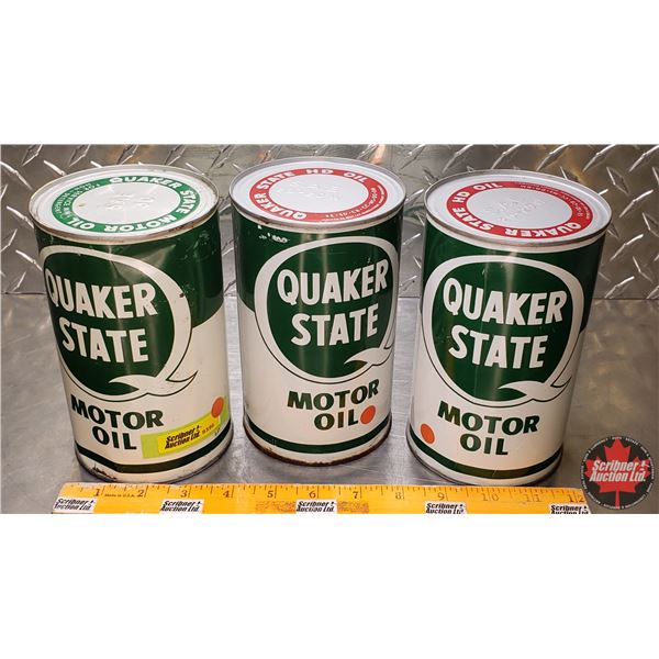 OIL TIN TRIO : Quaker State Motor Oil (All Full) (6-1/2"H x 4"Dia) (SEE PICS!)