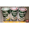 Image 1 : OIL TIN TRIO : Quaker State Motor Oil (All Full) (6-1/2"H x 4"Dia) (SEE PICS!)