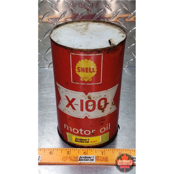 OIL TIN : Shell X-100 Motor Oil (6-1/2"H x 4"Dia) (SEE PICS!)