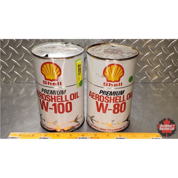 OIL TINS (2) : Shell Premium Aeroshell Oil W-80 & W-100 (6-1/2"H x 4"Dia) (SEE PICS!)
