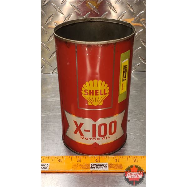 OIL TIN : Shell X-100 Motor Oil (6-1/2"H x 4"Dia) (SEE PICS!)