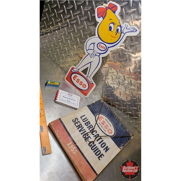 ESSO Collector Combo : 1955 Lubrication Service Guide, Cardboard Display Sign & 1930's Motor Vehicle