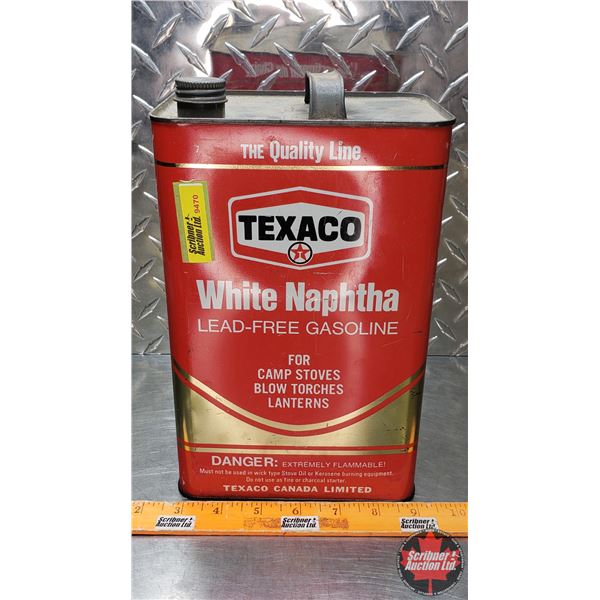 OIL TIN : Texaco White Naphtha Lead-Free Gasoline (10-1/2"H x 4-1/4"W x 4-1/4"H) (SEE PICS!)