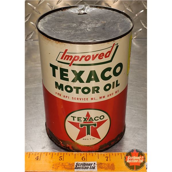 OIL TIN : Improved Texaco Motor Oil (5-1/2"H x 4"Dia) (SEE PICS!)