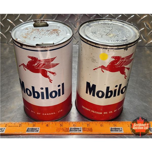 OIL TINS (2) : Mobiloil (6-1/2"H x 4"Dia) (SEE PICS!)