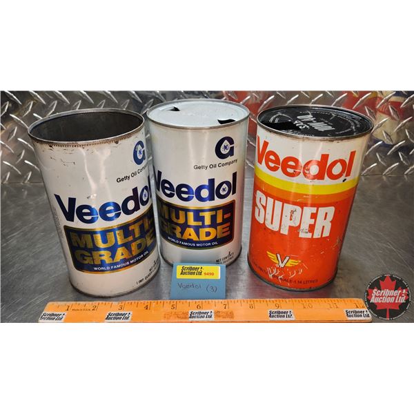 Veedol Oil Tin Trio : Super & Multi-Grade (2) (6-3/4"H x 4"Dia) (SEE PICS!)