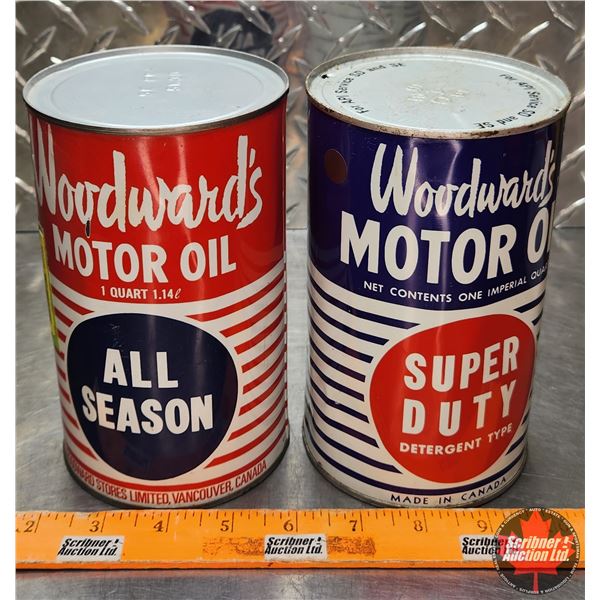 Woodward's Oil Tins (2) : All Season & Super Duty ( 6-3/4"H x 4"Dia) (SEE PICS!)