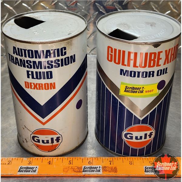 Gulf Oil Tins (2) : Automatic Transmission Fluid & Gulflube XHD Motor Oil (6-1/2"H x 4"Dia) (SEE PIC