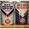 Image 4 : Gulf Oil Tins (2) : Automatic Transmission Fluid & Gulflube XHD Motor Oil (6-1/2"H x 4"Dia) (SEE PIC