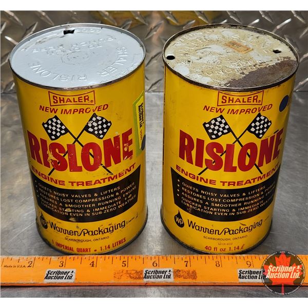 OIL TINS (2) : Shaler New Improved Rislone Engine Treatment (6-1/2"H x 4"Dia) (SEE PICS!)