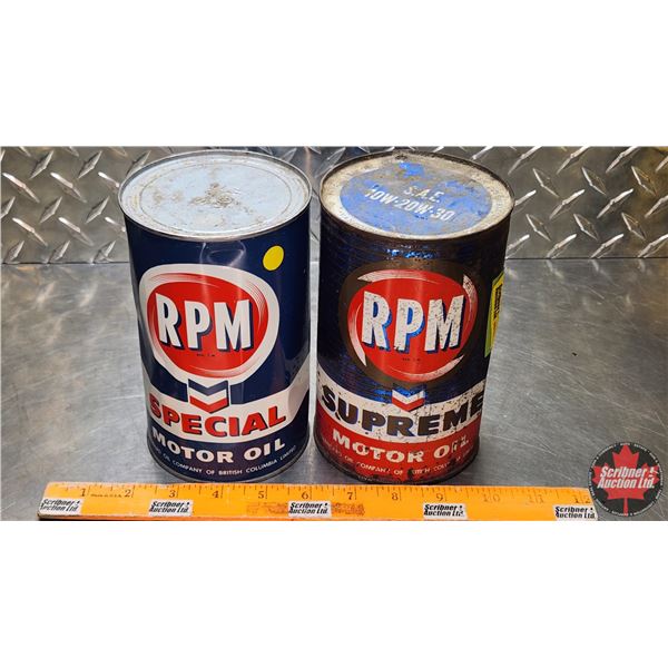 RPM OIL TINS (2) : Special Motor Oil & Supreme Motor Oil ( 6-1/2"H x 4"Dia) (SEE PICS!)