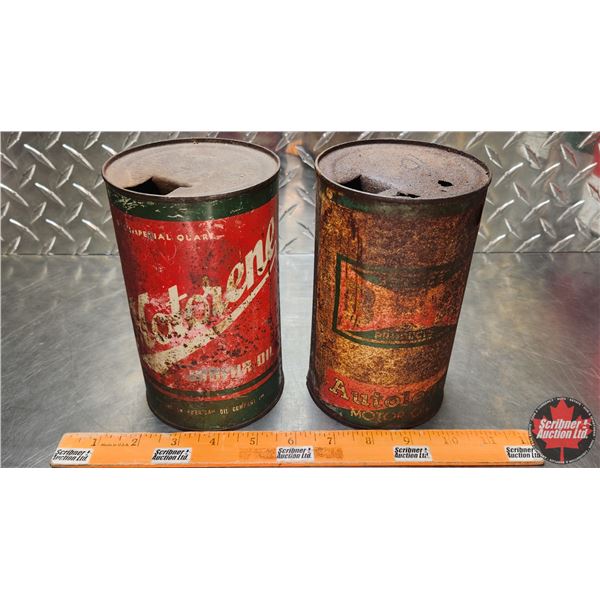 OIL TINS (2): Motorene Motor Oil & B/A (Bowtie) Autolene Motor Oil (6-3/4"H x 4"Dia) (SEE PICS!)