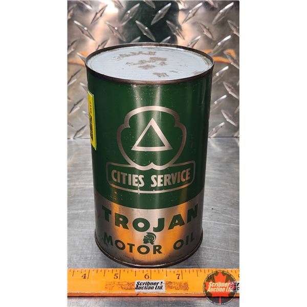 OIL TIN : Cities Service Trojan Motor Oil (Green) (6-3/4"H x 4"Dia) (SEE PICS!)