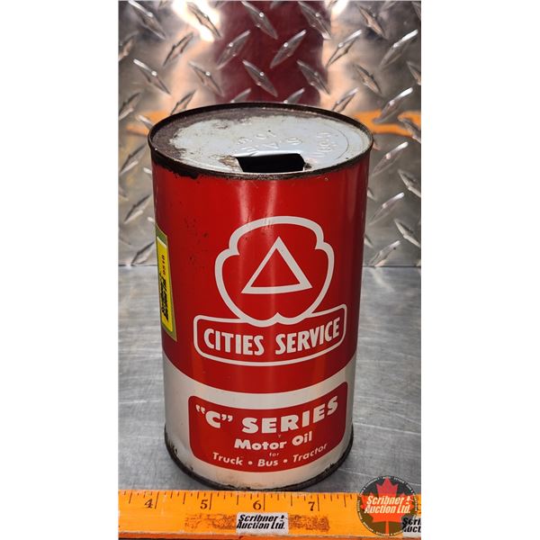 OIL TIN : Cities Services "C" Series Motor Oil (Red) (6-3/4"H x 4"Dia) (SEE PICS!)