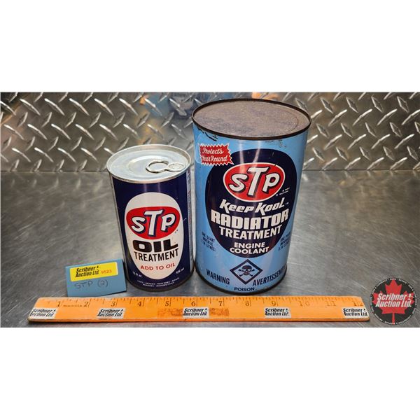 STP OIL TINS (2) : Oil Treatment & Keep Kool Radiator Treatment (Largest Measures : 6-3/4"H x 4"Dia)
