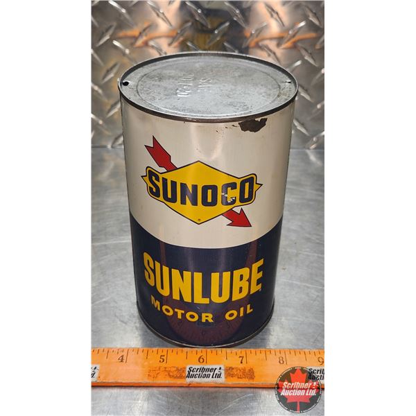 OIL TIN : Sunoco Sunlube Motor Oil ( 6-1/2"H x 4"Dia) (SEE PICS!)
