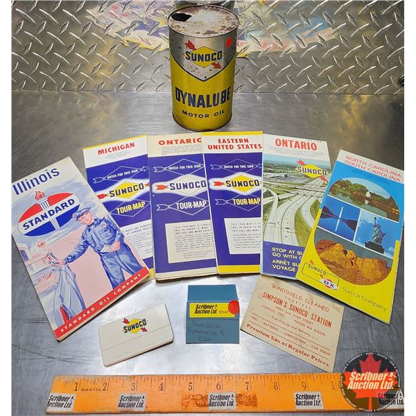 SUNOCO COLLECTOR COMBO : Maps (6), Name Tag, Coupon & Dynalube Motor Oil Tin (Tin Measures : 6-1/2"H
