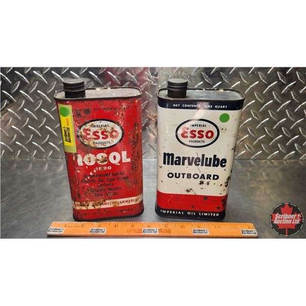 ESSO OIL TINS (2) : IOSOL & Marvelube Outboard (8-1/2"H x 4-1/2"W x 2-1/2"D) (SEE PICS!)