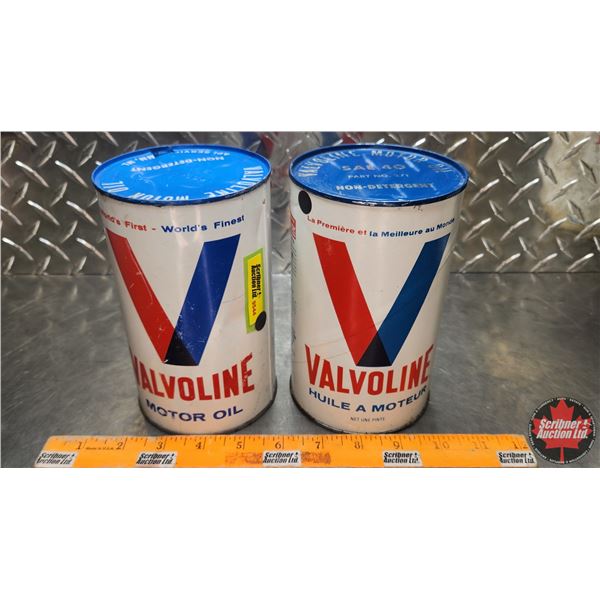 OIL TINS (2) : Valvoline Motor Oil (One Cardboard) (6-1/2"H x 4"Dia) (SEE PICS!)