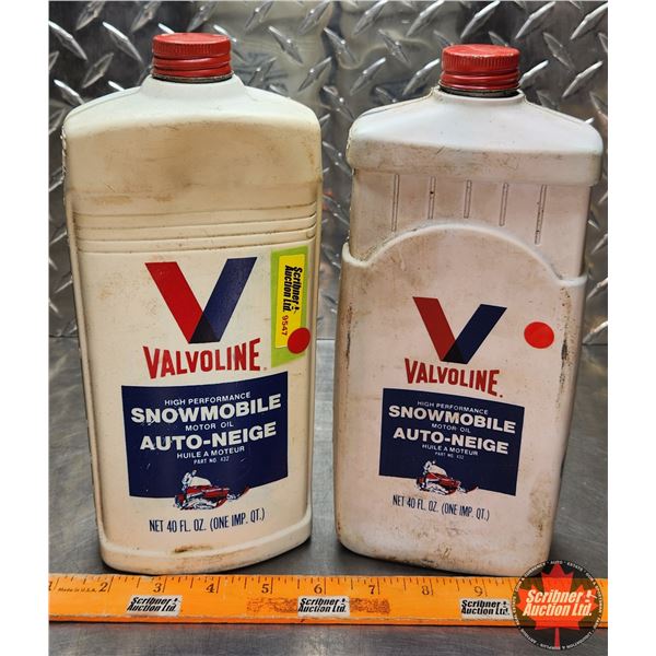 OIL JUGS (2) : Valvoline Snowmobile (Both Full) (10-1/4"H x 4-1/2"W x 2"D) (SEE PICS!)