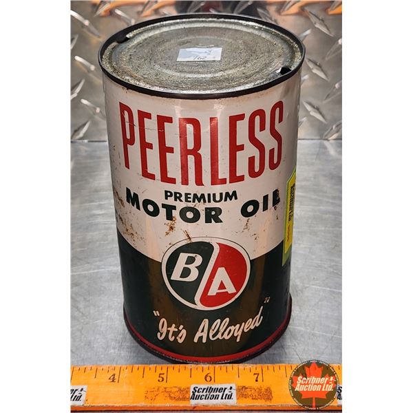 OIL TIN : B/A Peerless Premium Motor Oil "It's Alloyed" (6-1/2"H x 4"Dia) (SEE PICS!)