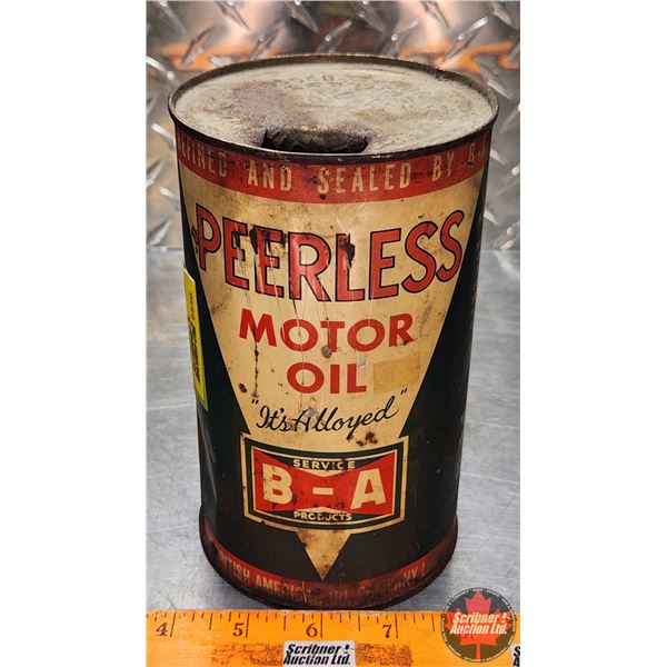 OIL TIN : B/A (Bowtie) Peerless Motor Oil "It's Alloyed" (6-3/4"H x 4"Dia) (SEE PICS!)