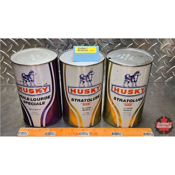 HUSKY OIL TIN TRIO : Heavy Duty Special & Stratolube 6000 (2) (6-1/2"H x 4"Dia) (SEE PICS!)