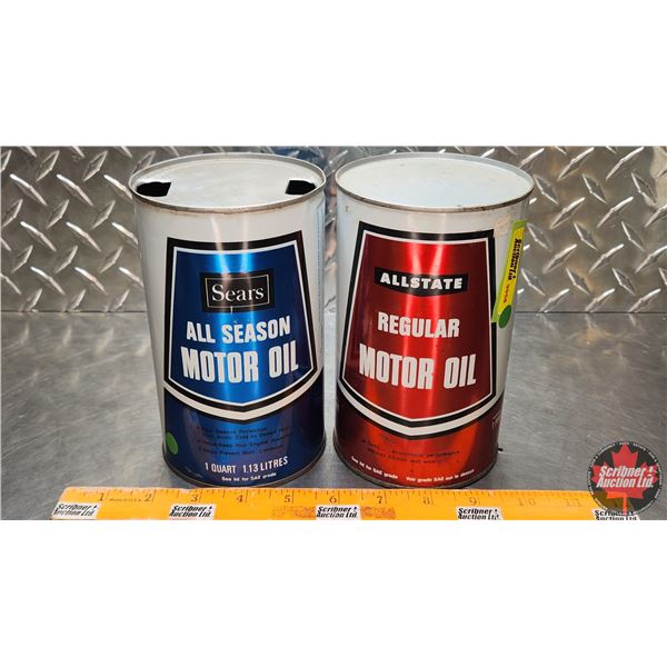 OIL TINS (2) : Sears All Season Motor Oil & Allstate Regular Motor Oil (6-1/2"H x 4"Dia) (SEE PICS!)