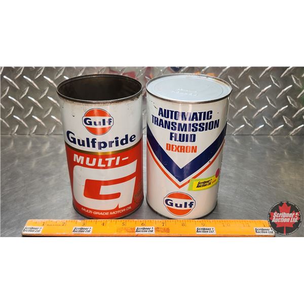 GULF OIL TINS (2) : Automatic Transmission Fluid & Gulfpride Multi-G Motor Oil ( 6-1/2"H x 4"Dia) (S