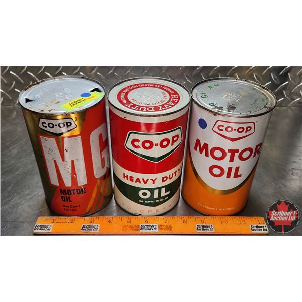 CO-OP OIL TIN TRIO : MG Motion Oil, Heavy Duty Oil & Motor Oil (6-1/2"H x 4"Dia) (SEE PICS!)
