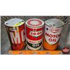 Image 1 : CO-OP OIL TIN TRIO : MG Motion Oil, Heavy Duty Oil & Motor Oil (6-1/2"H x 4"Dia) (SEE PICS!)