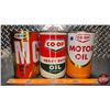 Image 2 : CO-OP OIL TIN TRIO : MG Motion Oil, Heavy Duty Oil & Motor Oil (6-1/2"H x 4"Dia) (SEE PICS!)