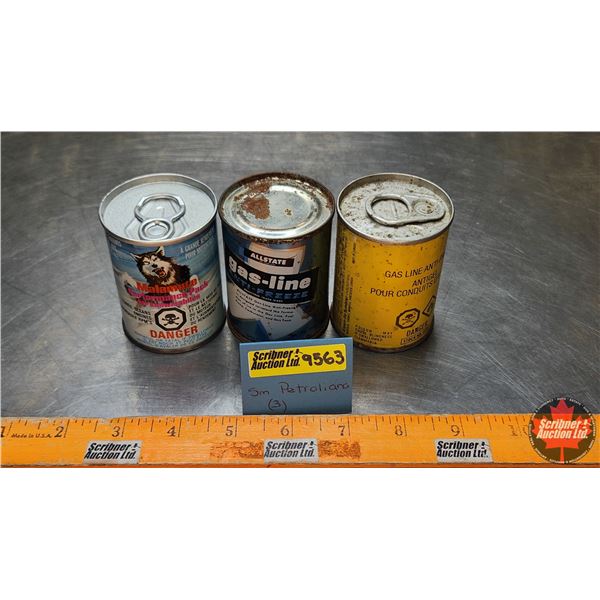 PETROLIANA TIN TRIO (3) : Allstate Gas-Line Anti-Freeze, Malamute Performance Pack for Snowmobiles &