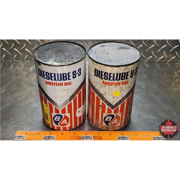 OIL TINS (2) : B/A Dieselube S-3 Motor Oil (Full) (6-1/2"H x 4"Dia) (SEE PICS!)