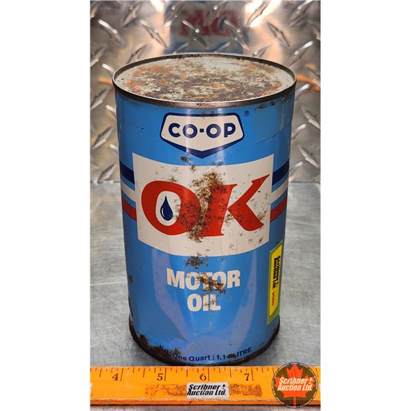 OIL TIN : CO-OP OK Motor Oil (Full) (6-1/2"H x 4"Dia) (SEE PICS!)