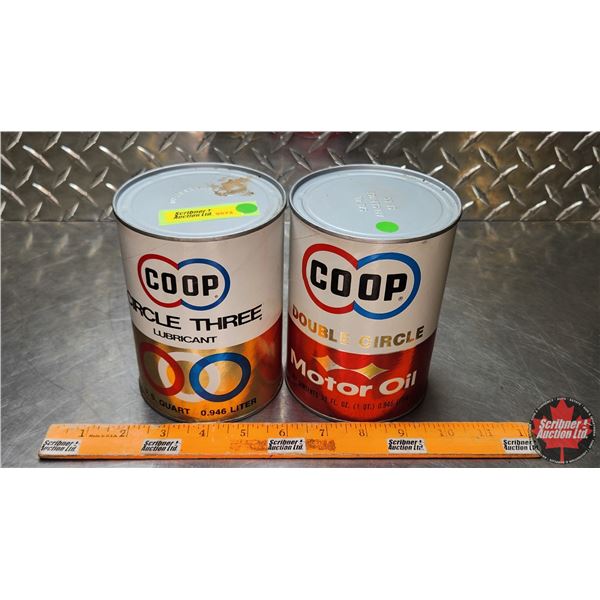 CO-OP OIL TINS (2) : Circle Three Lubricant & Double Circle Motor Oil (Both Cardboard)(5-1/2"H x 5-3