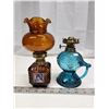 Image 1 : Pair of small oil glass lamps - Blue & Brown (with pictures on sides)