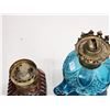 Image 6 : Pair of small oil glass lamps - Blue & Brown (with pictures on sides)