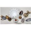 Image 4 : Assorted decorative items - Milk glass candy dish, porcelain vase, figurines, etc.