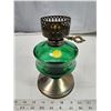 Image 1 : Green glass, metal accent oil lamp - no chimney