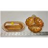 Image 1 : Orange depression glass butter dish, w/ lid & Clover shaped depression glass serving dish
