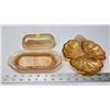 Image 2 : Orange depression glass butter dish, w/ lid & Clover shaped depression glass serving dish