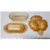 Image 3 : Orange depression glass butter dish, w/ lid & Clover shaped depression glass serving dish