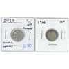 Image 1 : 2x - Canadian silver 10 cent coins - 1913 & 1916